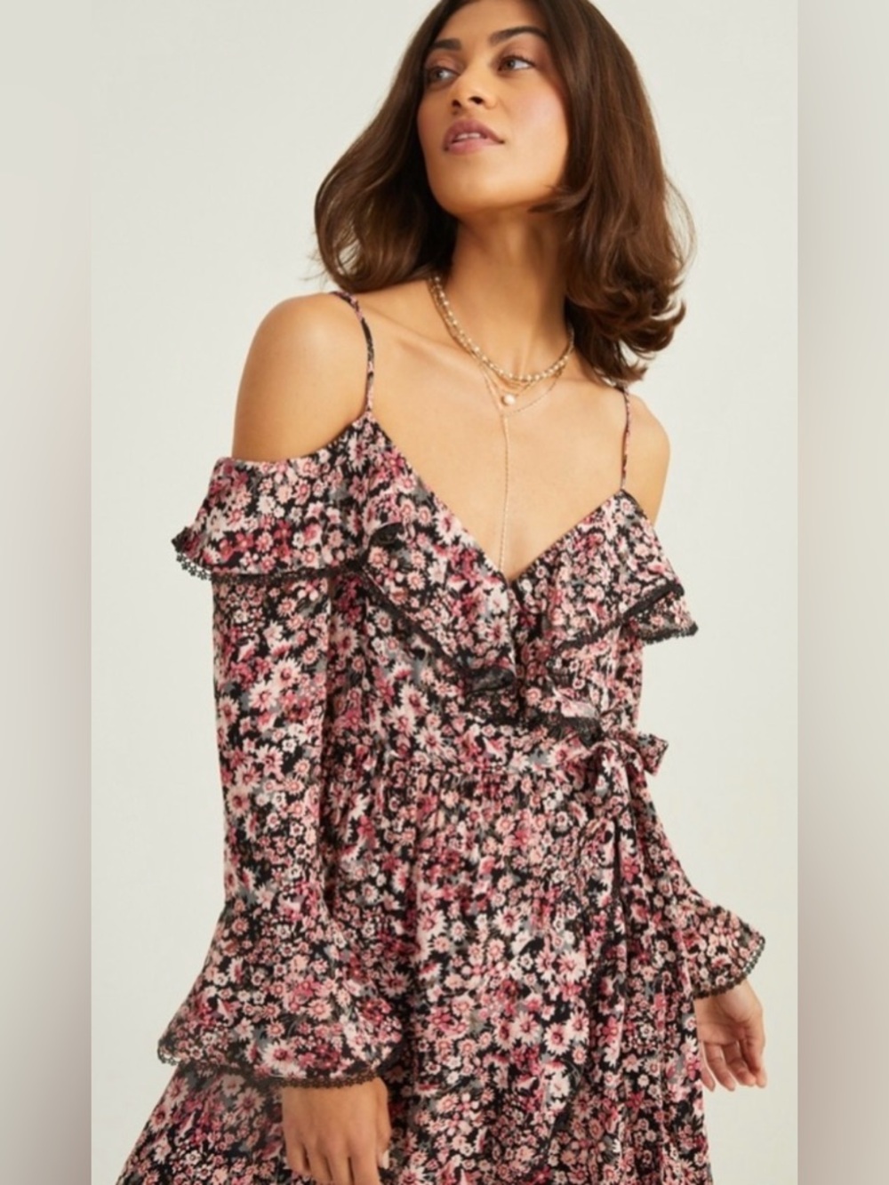 Floral Cold-Shoulder Ruffle Midi Dress in Pink